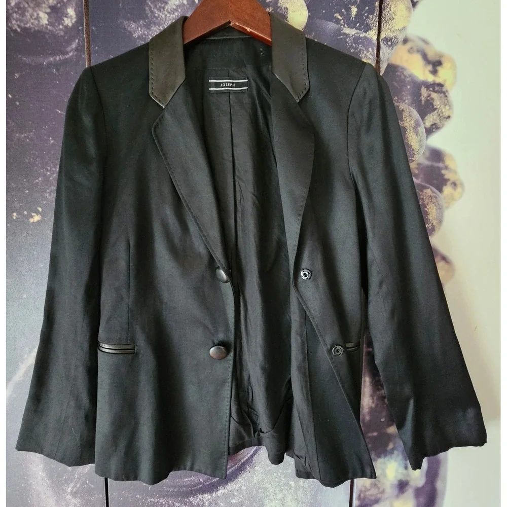 JOSEPH Black Cotton Blazer Leather Trim Detail Career Jacket‎ Size L